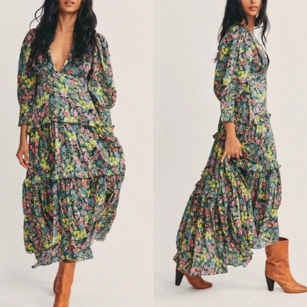 LoveShackFancy Lorencia Maxi Dress Night Sky Glow Multicolor Floral Tiered Sz 0